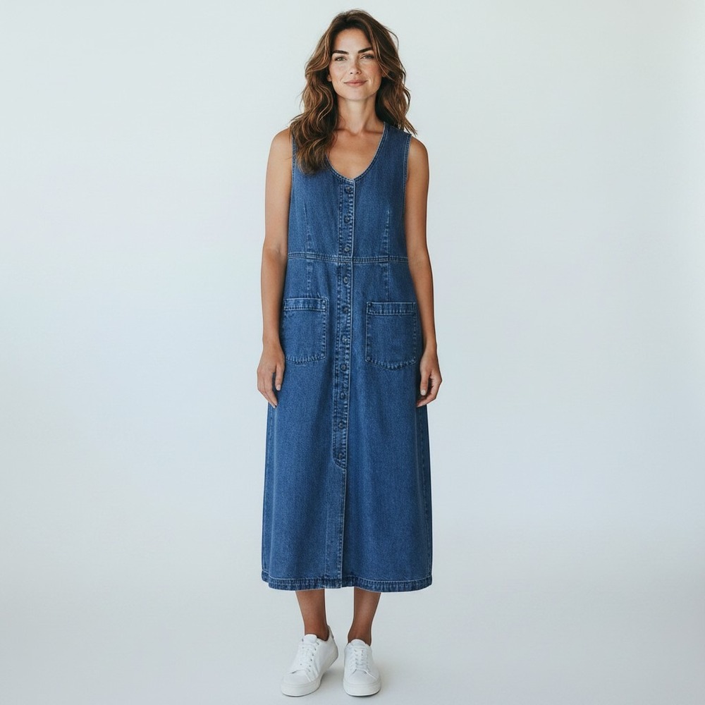 LL Bean Traveler Denim Dress Maxi Sleeveless 12P Jean Modest Country Western